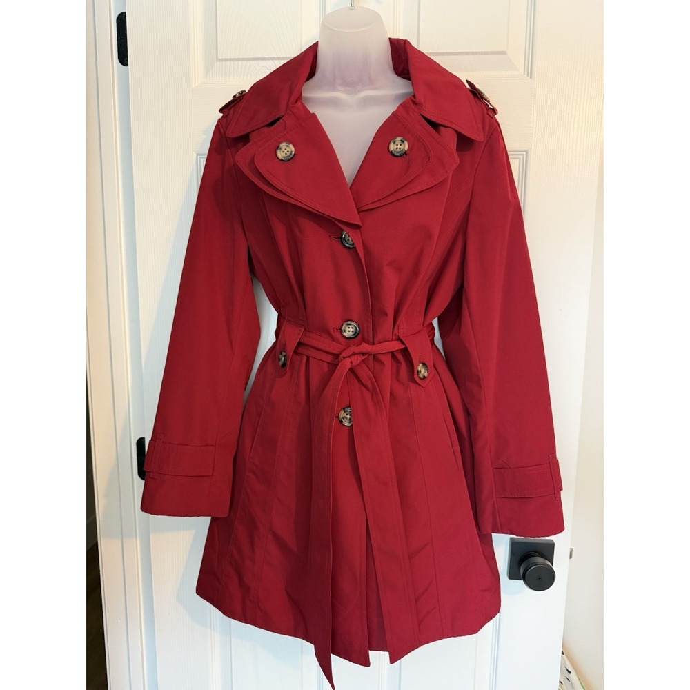 London Fog Womens Red Double Breasted Hooded Belted Trench Rain Coat Jacket XL